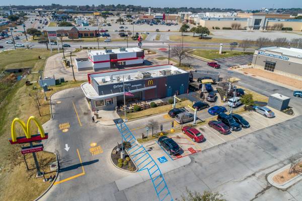 Denton TX cityscape aerial drone photography, highlighting urban architecture.